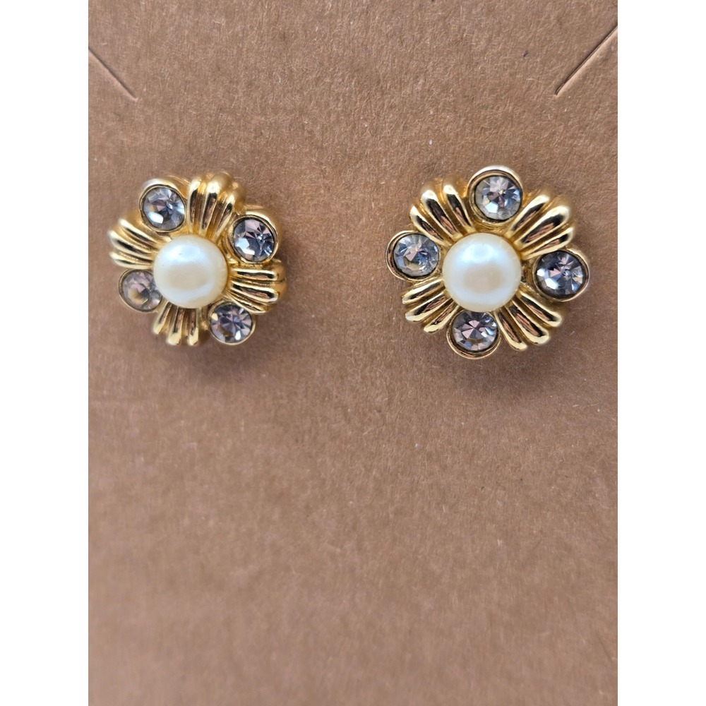 Old Money Heritage VTG Gold Tone Faux Pearl and Rhinestone Earrings Quiet Luxury